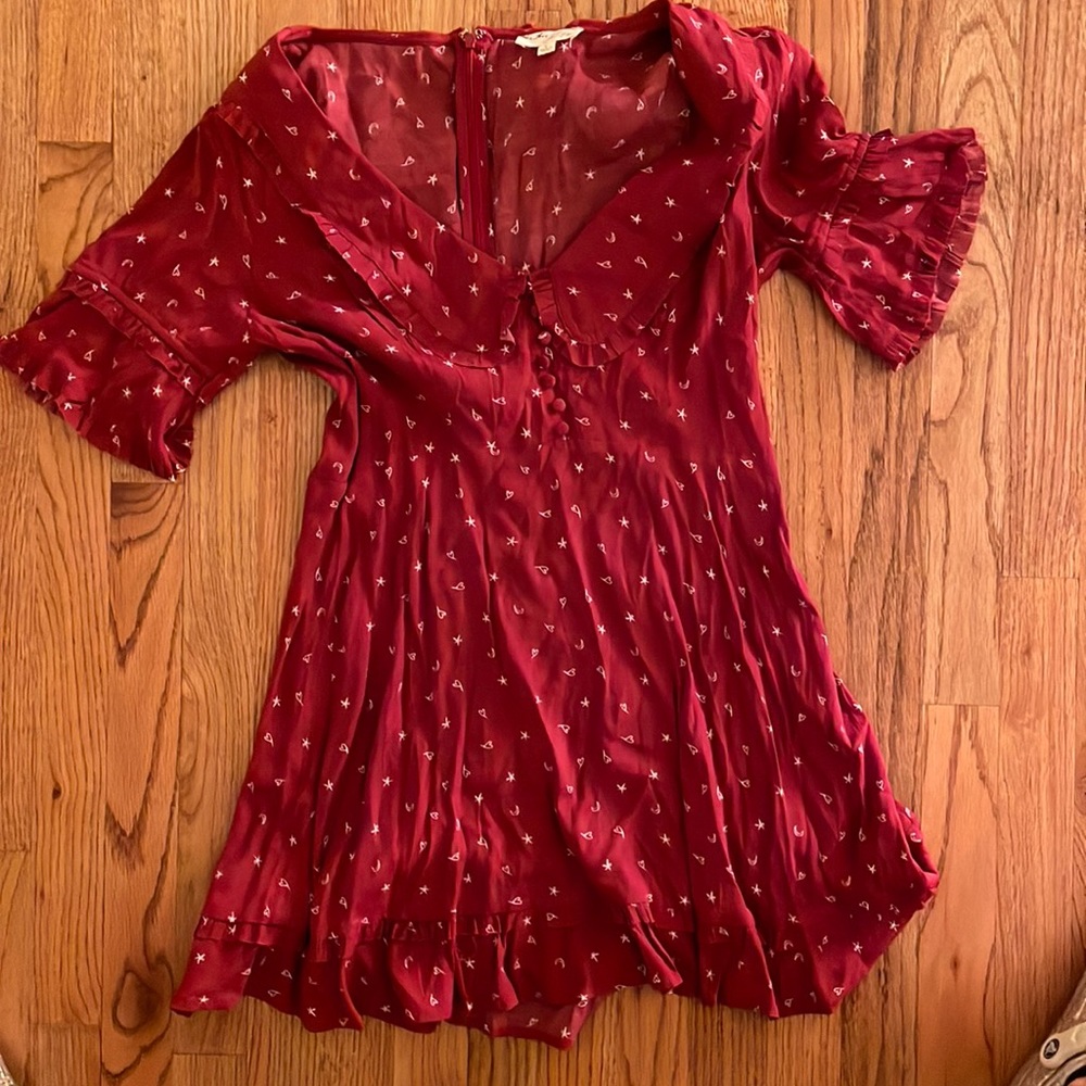 Gorgeous FLL by Jaime King red mini dress with tiny hearts, moons, and stars!
